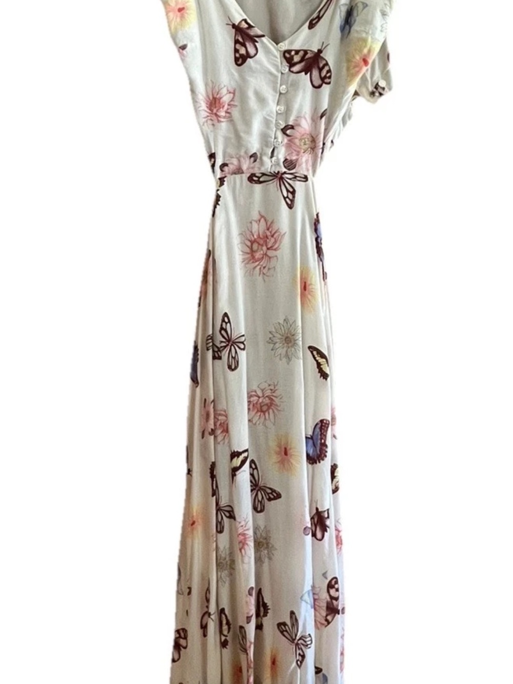 Farm Rio Floral Butterfly Ivory Maxi Dress - Lightweight Button-Front XSP